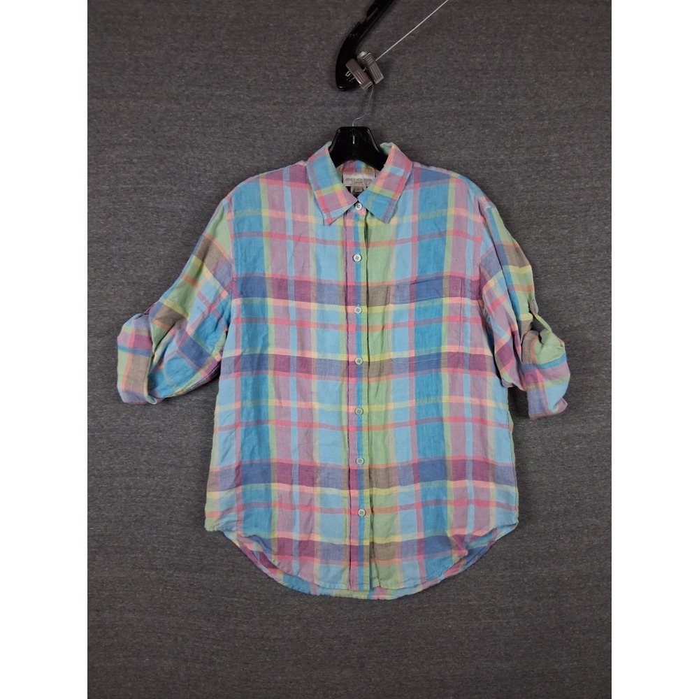 Jones New York Womens Shirt S Blue Pink Pastel Plaid 100% Linen Coastal Resort - Picture 2 of 7